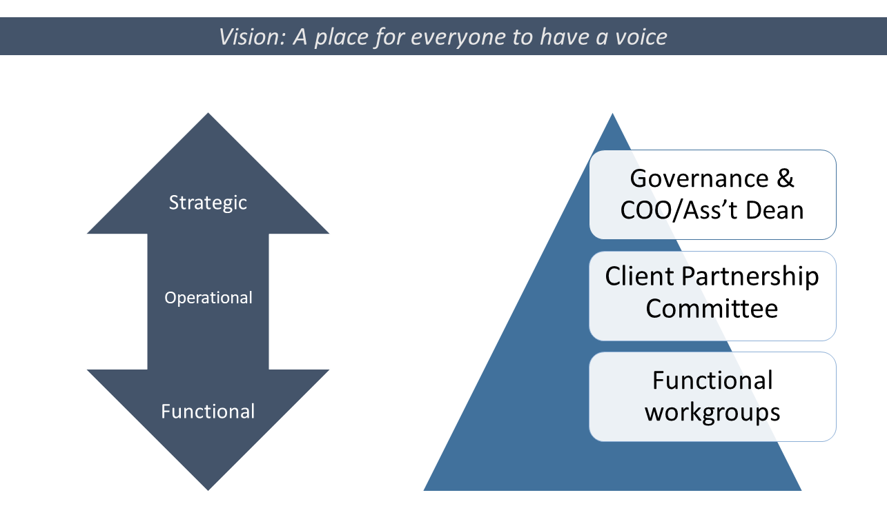 Slide depicting the governance model: strategic, operational and functional. 