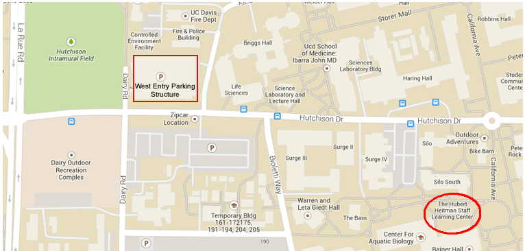 map showing the location of the heitman staff learning center on the uc davis campus
