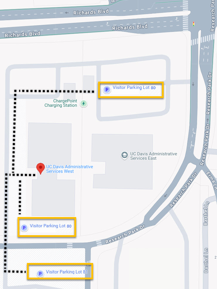 Map showing Administrative Services West with Visitor Parking Lot 80 and 81 highlighted with dashed lines showing the walking path to the main entrance.