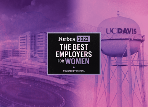Image depicts Forbes' 2022 Best Employer for Women award atop side-by-side images of the Davis campus water tower on right and the UC Davis Medical Center on the left. Everything is purple.