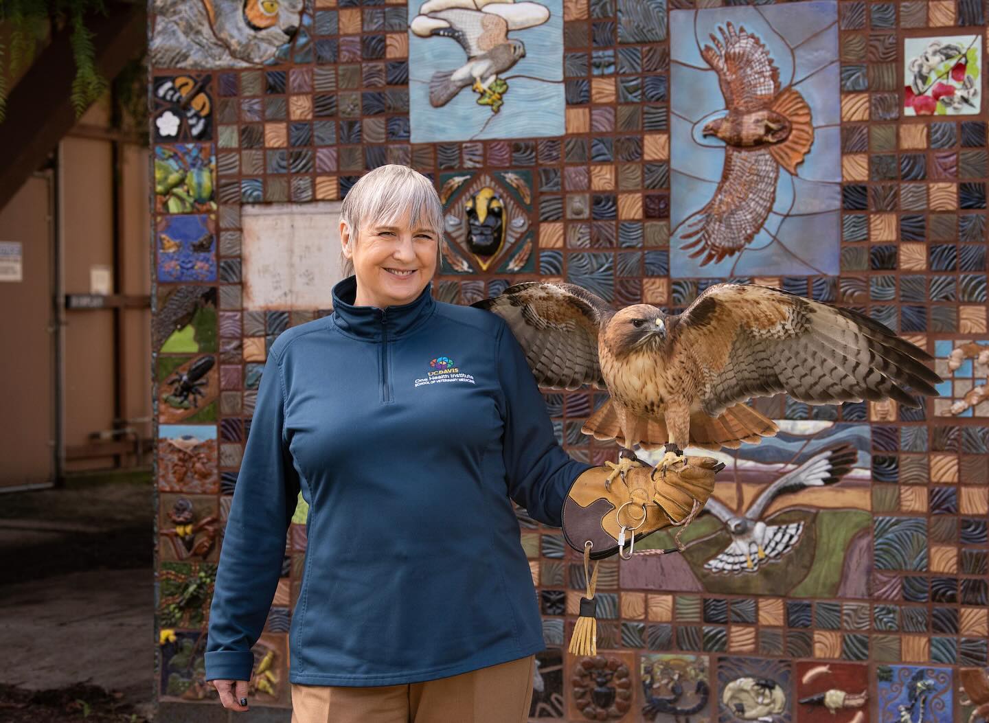 Michelle Hawkins smiles at the camera while an owl perches on her arm.
