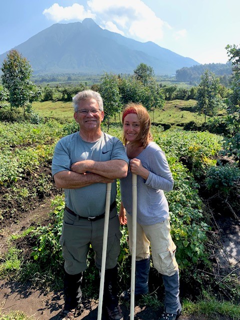 Sandy Batchelor and husband, Mark, at Volcanos National Park in the Virunga Mountains, Rwanda