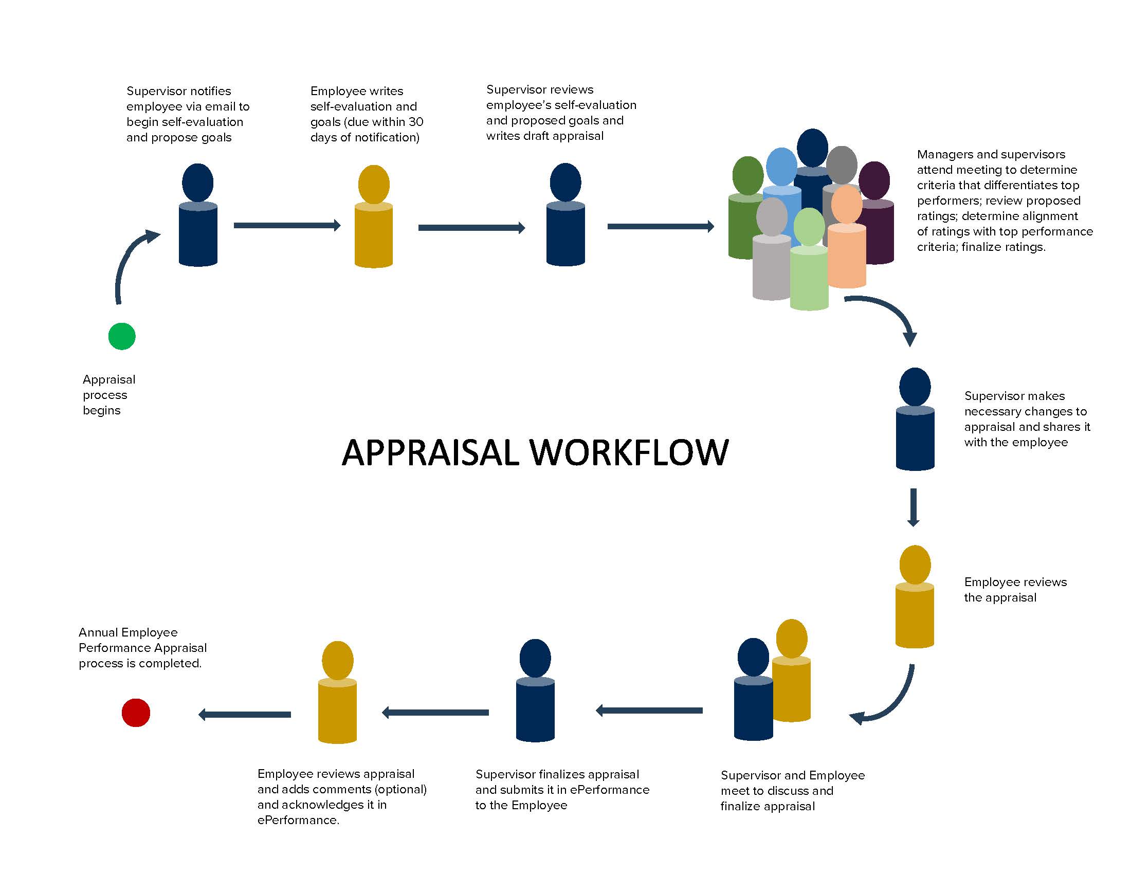 Workflow displaying the steps in the annual ePerformance process. A PDF version is available for download.