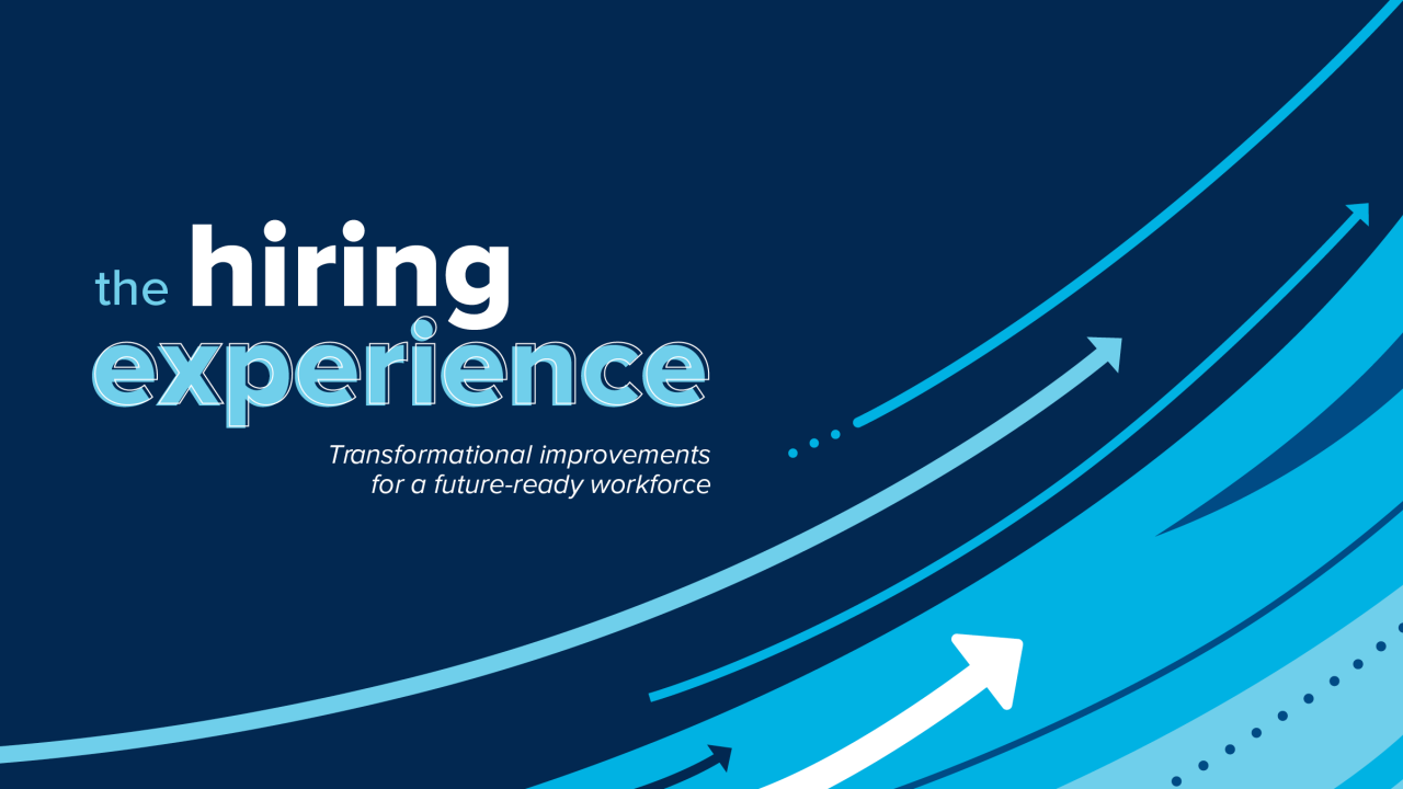 The Hiring Experience web banner with blue swooping arrows