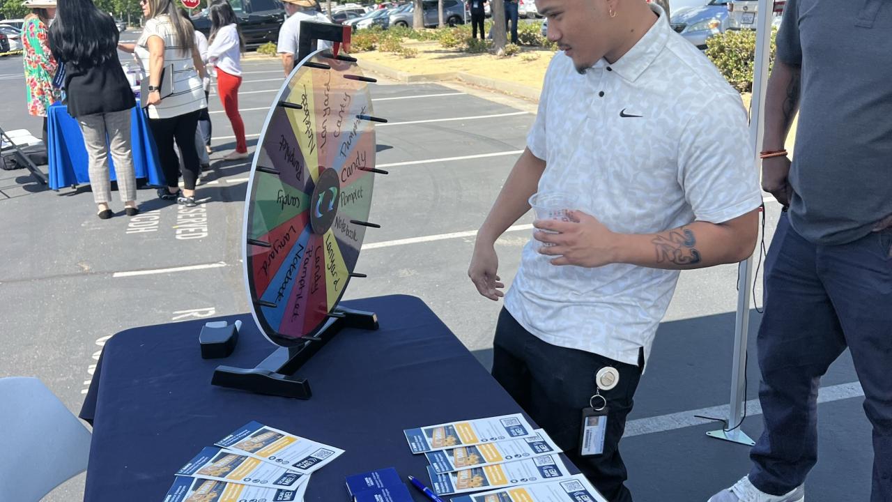 Employee spinning the prize wheel to win a prize