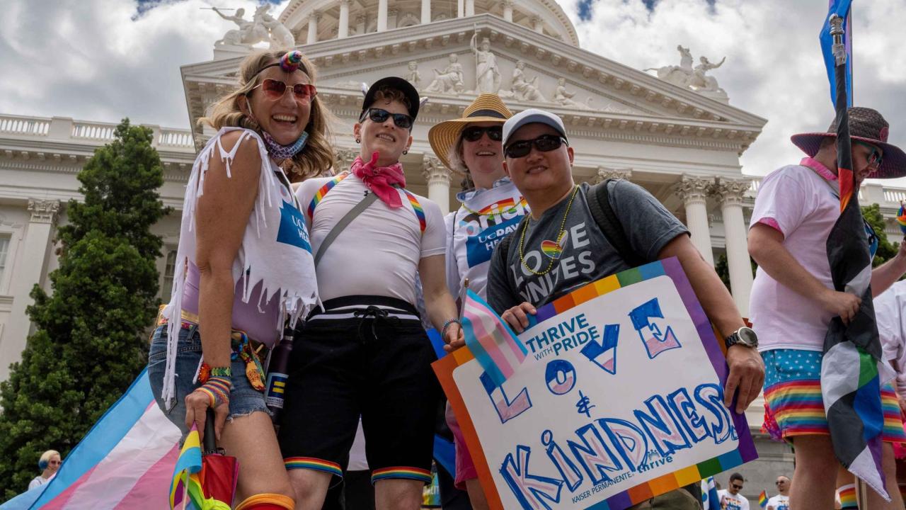UC Davis Health employees celebrating PRIDE month on the steps of the capitol.