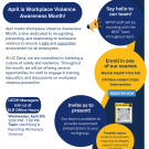 Workplace Violence Prevention Awareness flyer advertising resources, classes and Employee and Labor Relations Office hours.