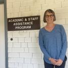 Carol Kirshnit in front of ASAP's Guilbert House offices